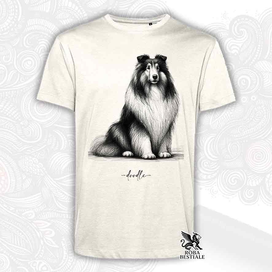T-shirt beige stampata con uno Cane da Pastore Scozzese a pelo lungo, grafica Doodle