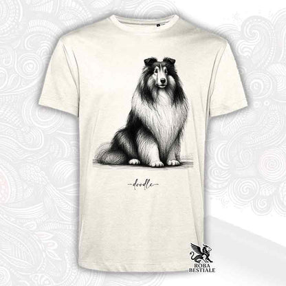 T-shirt beige stampata con uno Cane da Pastore Scozzese a pelo lungo, grafica Doodle
