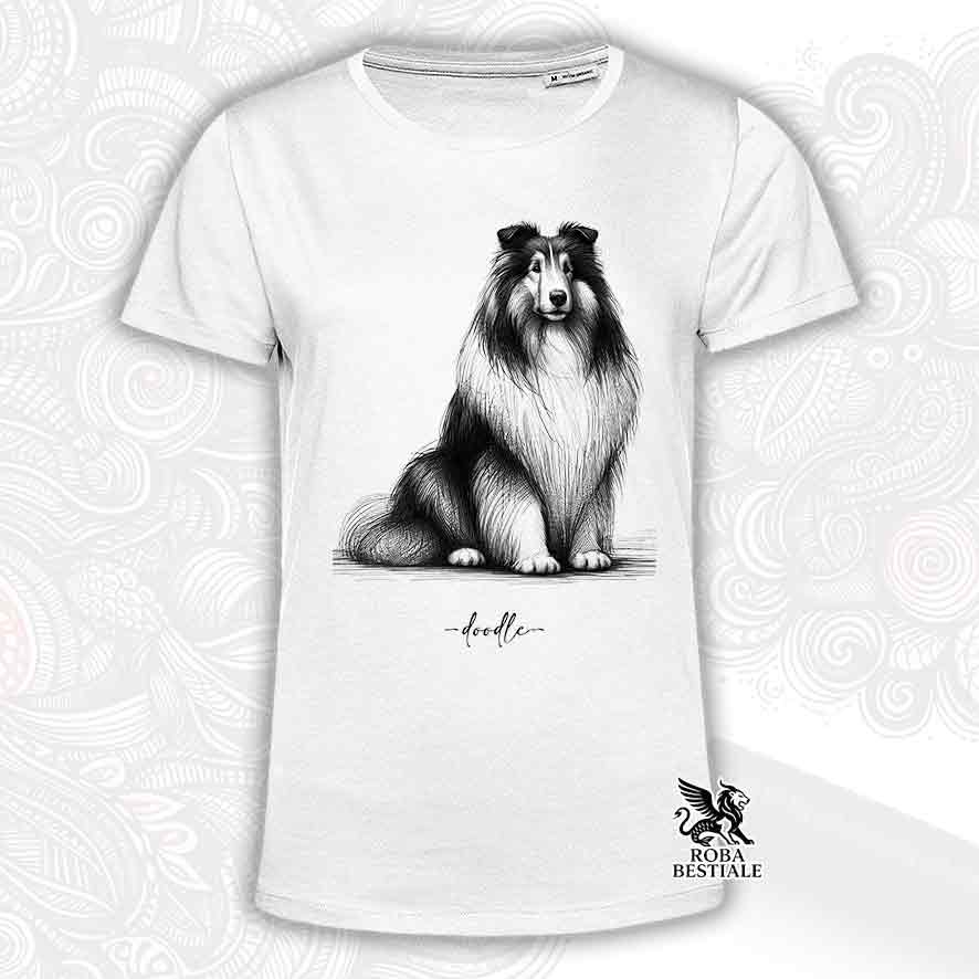 T-shirt bianca stampata con uno Cane da Pastore Scozzese a pelo lungo, grafica Doodle