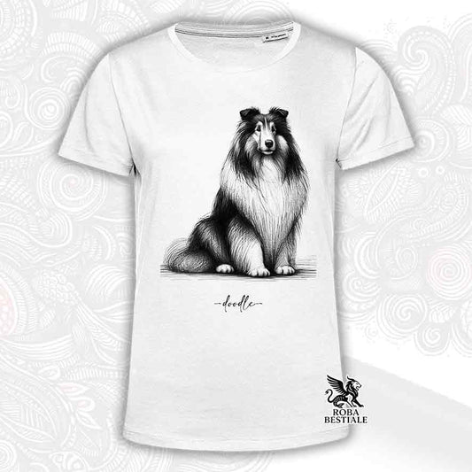T-shirt bianca stampata con uno Cane da Pastore Scozzese a pelo lungo, grafica Doodle