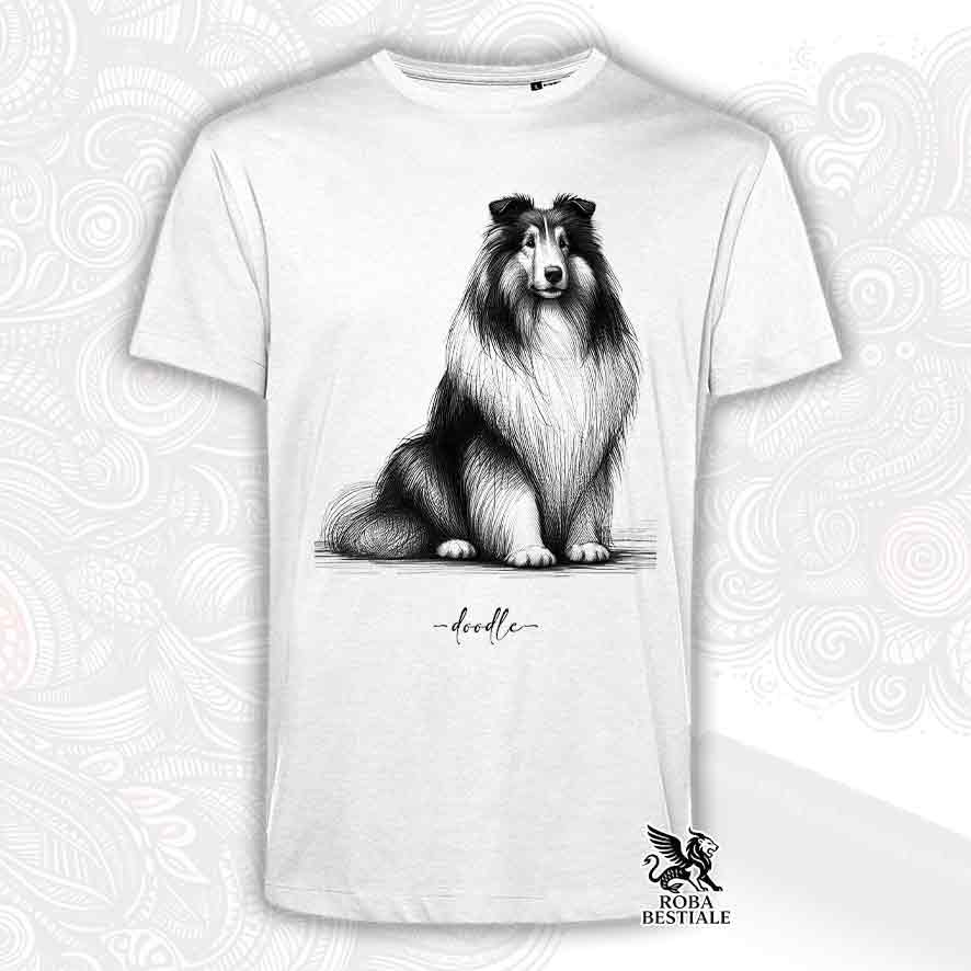 T-shirt bianca stampata con uno Cane da Pastore Scozzese a pelo lungo, grafica Doodle