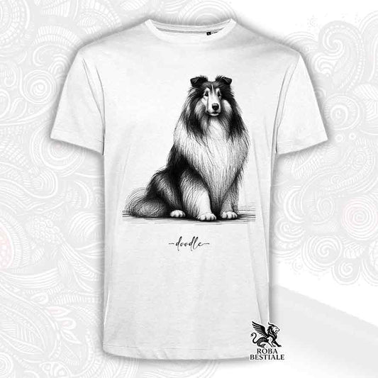 T-shirt bianca stampata con uno Cane da Pastore Scozzese a pelo lungo, grafica Doodle