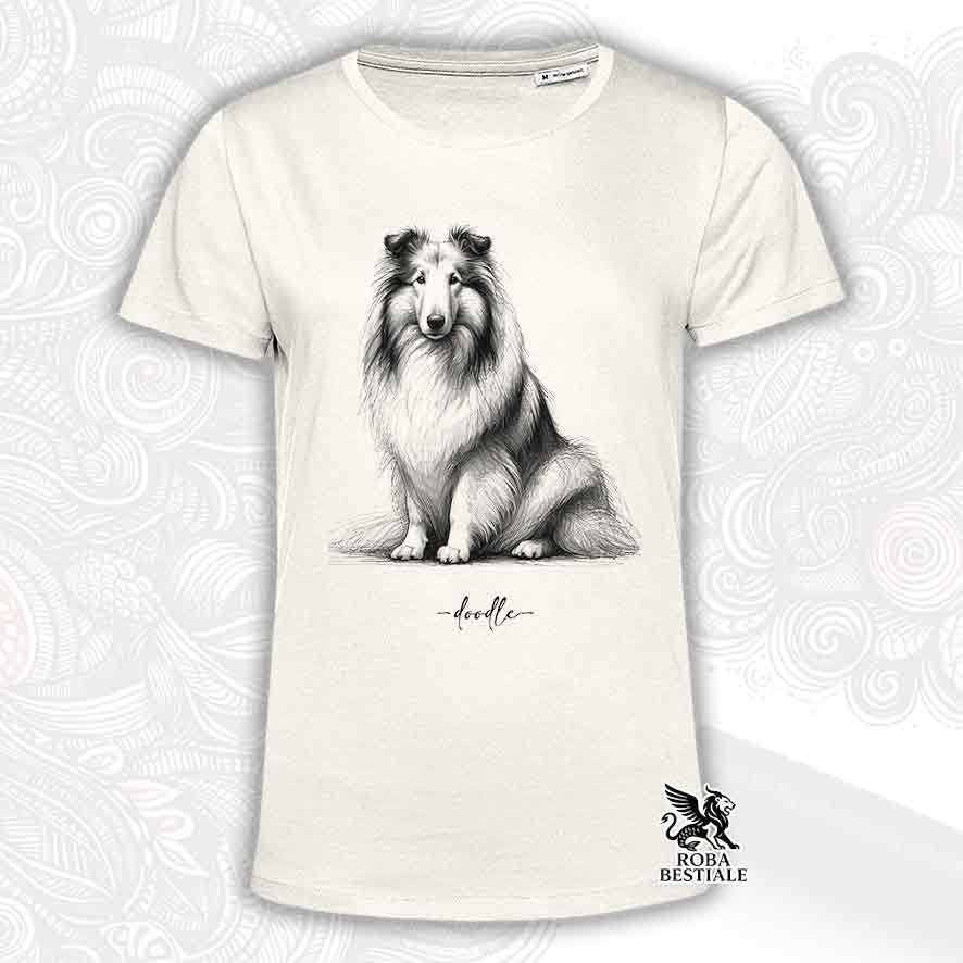 T-shirt beige stampata con un Pastore Scozzese a pelo lungo, grafica Doodle