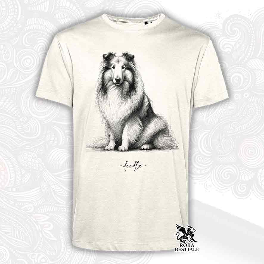 T-shirt beige stampata con un Pastore Scozzese a pelo lungo, grafica Doodle