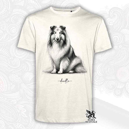 T-shirt beige stampata con un Pastore Scozzese a pelo lungo, grafica Doodle