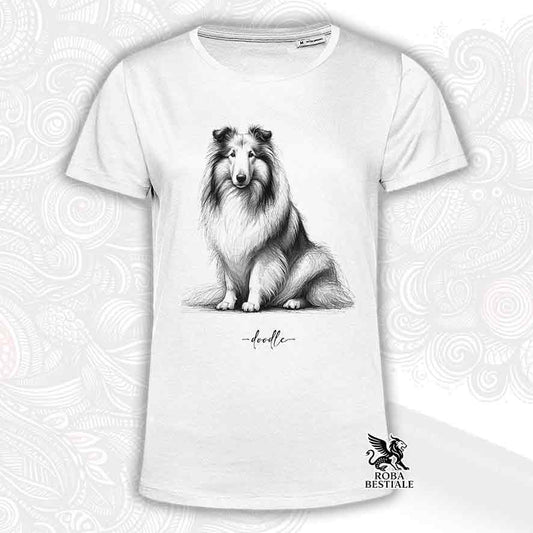 T-shirt bianca stampata con un Pastore Scozzese a pelo lungo, grafica Doodle