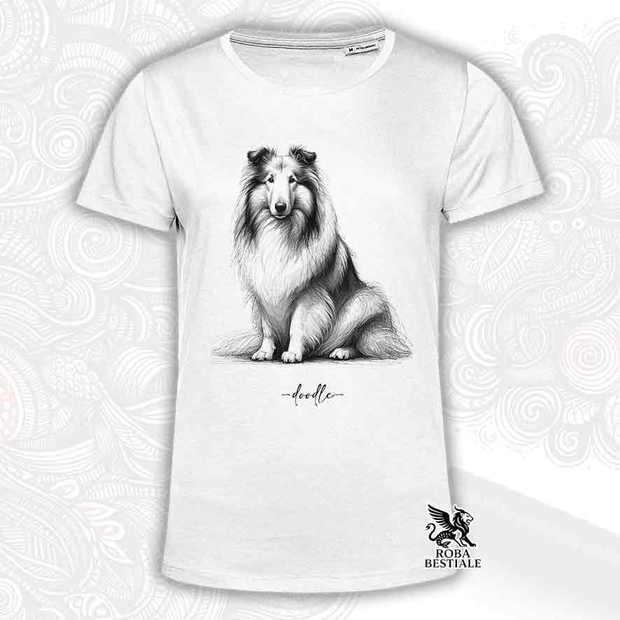 T-shirt bianca stampata con un Pastore Scozzese a pelo lungo, grafica Doodle