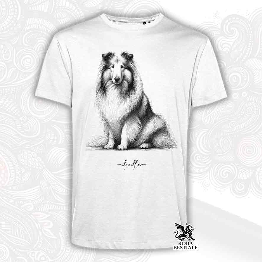 T-shirt bianca stampata con un Pastore Scozzese a pelo lungo, grafica Doodle