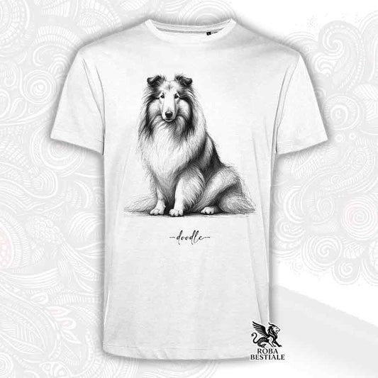 T-shirt bianca stampata con un Pastore Scozzese a pelo lungo, grafica Doodle
