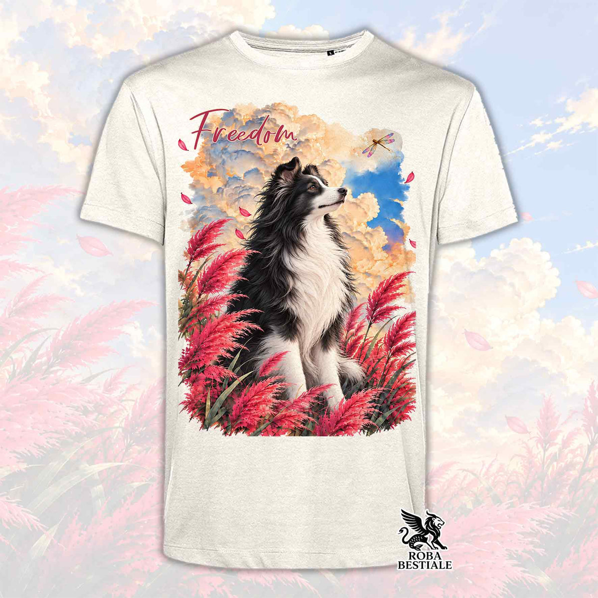 Maglietta beige con stampa di un cane da pastore delle Shetland tra fiori rossi
