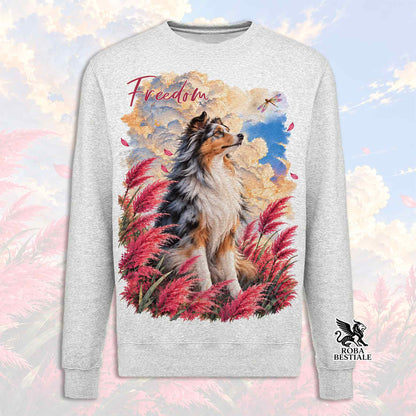 Felpa girocollo grigio chiaro con stampa cane e piume colorate sul petto