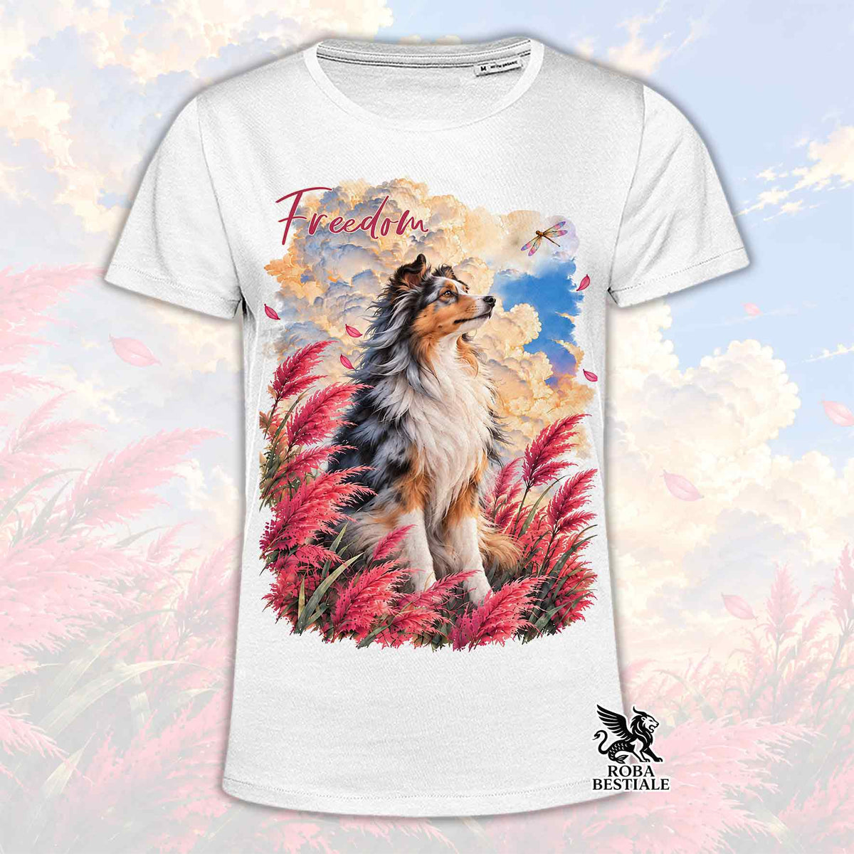 T-shirt bianca con stampa SHETLAND SHEEPDOG su cielo colorato e piume rosse