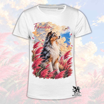 T-shirt bianca con stampa SHETLAND SHEEPDOG su cielo colorato e piume rosse