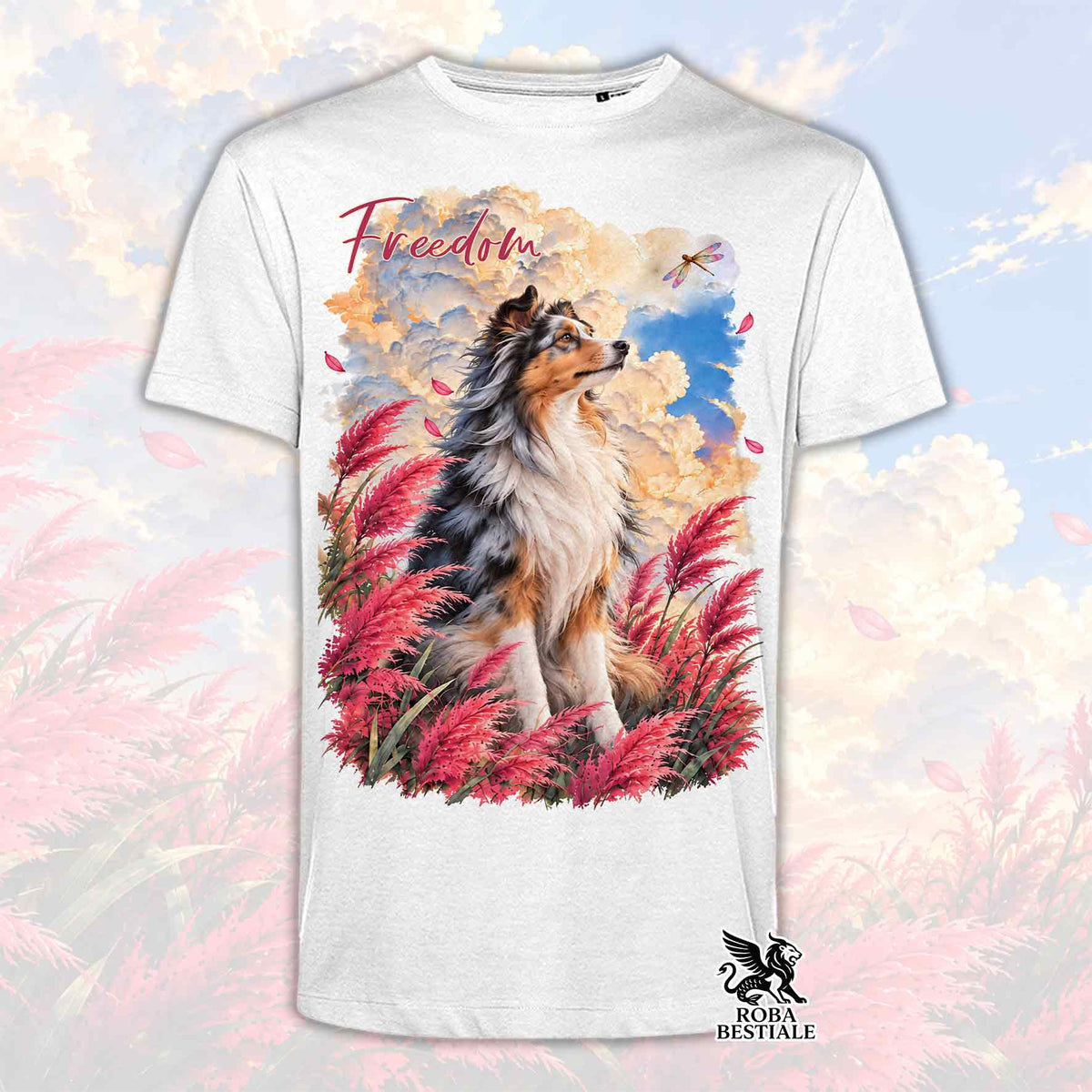 T-shirt bianca con stampa cane SHETLAND SHEEPDOG e piume rosse, scritta Freedom