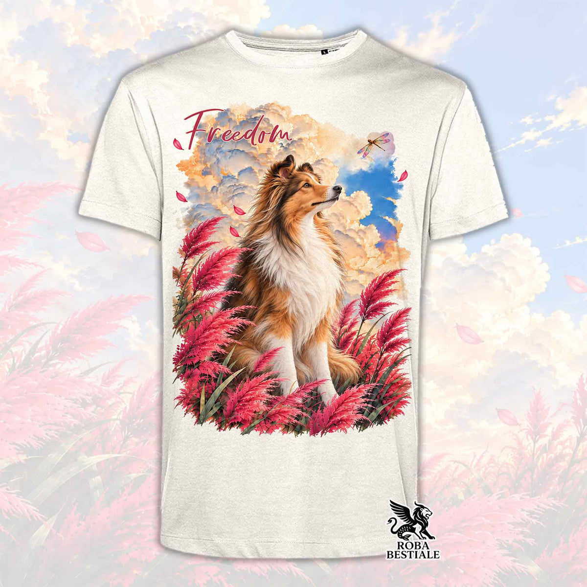 T-shirt bianca con stampa cane collie, farfalla e scritta Freedom sul petto