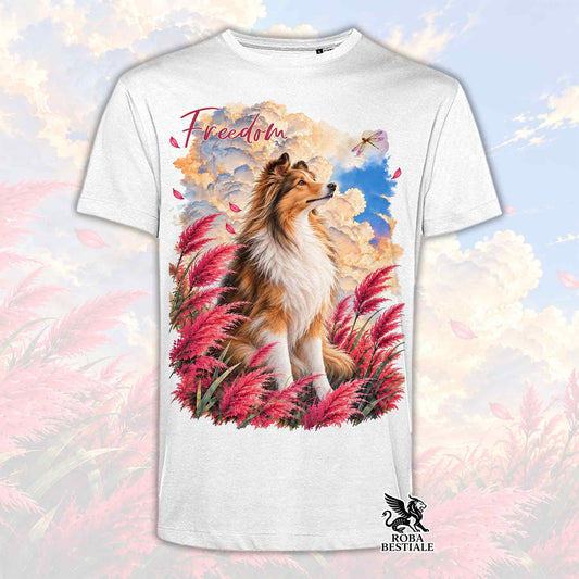 T-shirt bianca con stampa cane collie e scritta Freedom, logo Roba Bestiale in basso