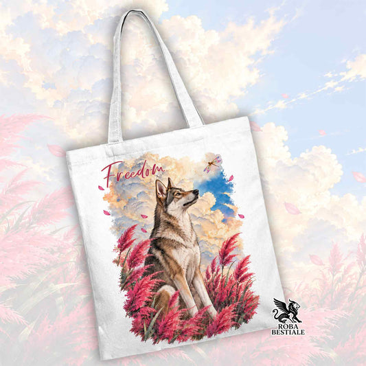 Shopper in tessuto bianco con manici lunghi, stampa Freedom e cane lupo cecoslovacco