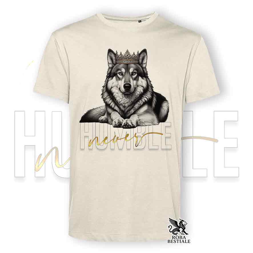 T-shirt stampata con un Cane Lupo Cecoslovacco, colore beige con grafica Never Humble