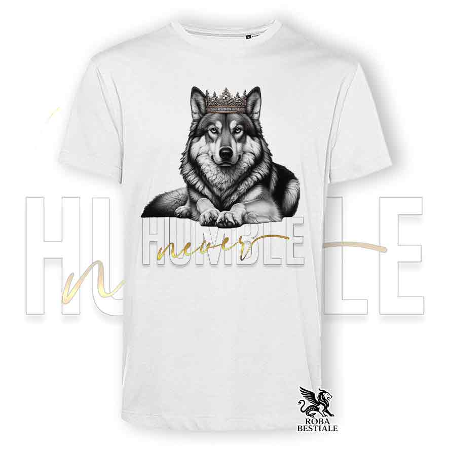 T-shirt stampata con un Cane Lupo Cecoslovacco, colore bianco con grafica Never Humble