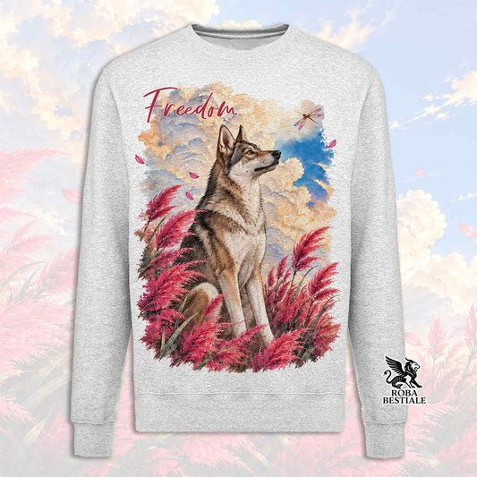 Felpa girocollo grigio chiaro con grafica Freedom e cane lupo cecoslovacco con fiori colorati