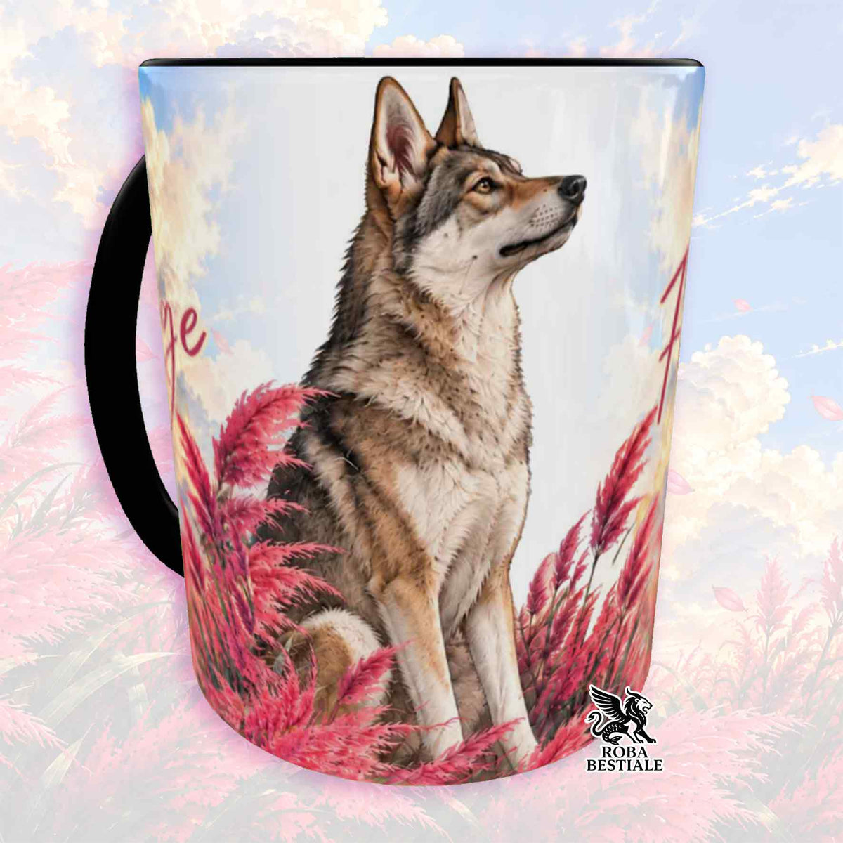 Tazza con stampa cane, foglie rosa, manico nero, ROBA BESTIALE