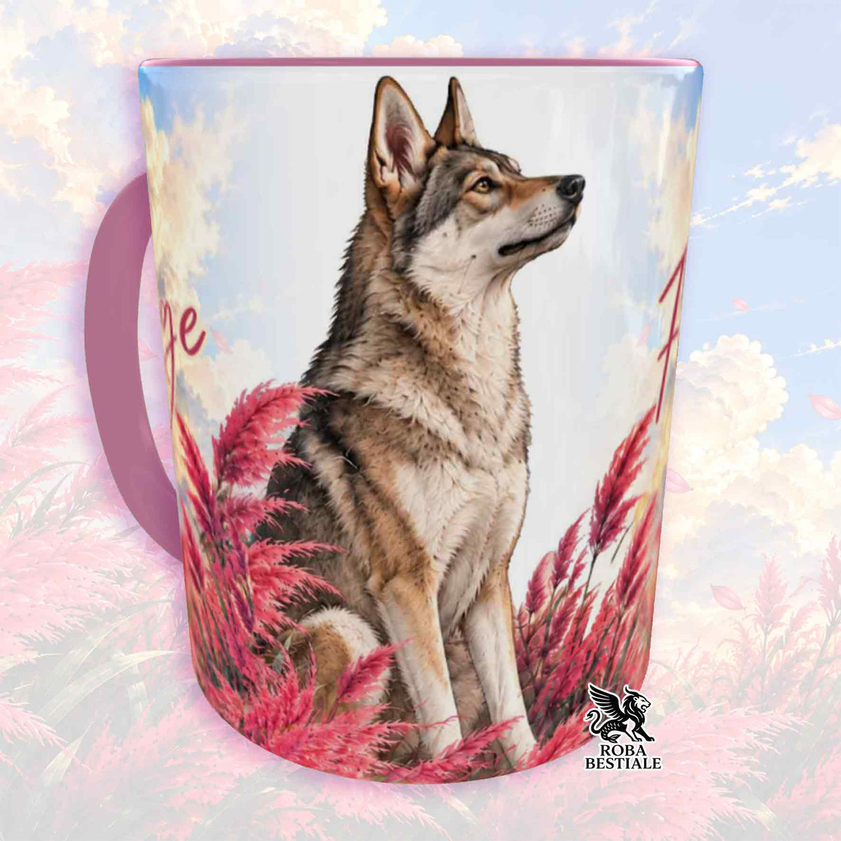 Tazza con stampa cane lupo cecoslovacco, foglie rosa, manico rosa, ROBA BESTIALE