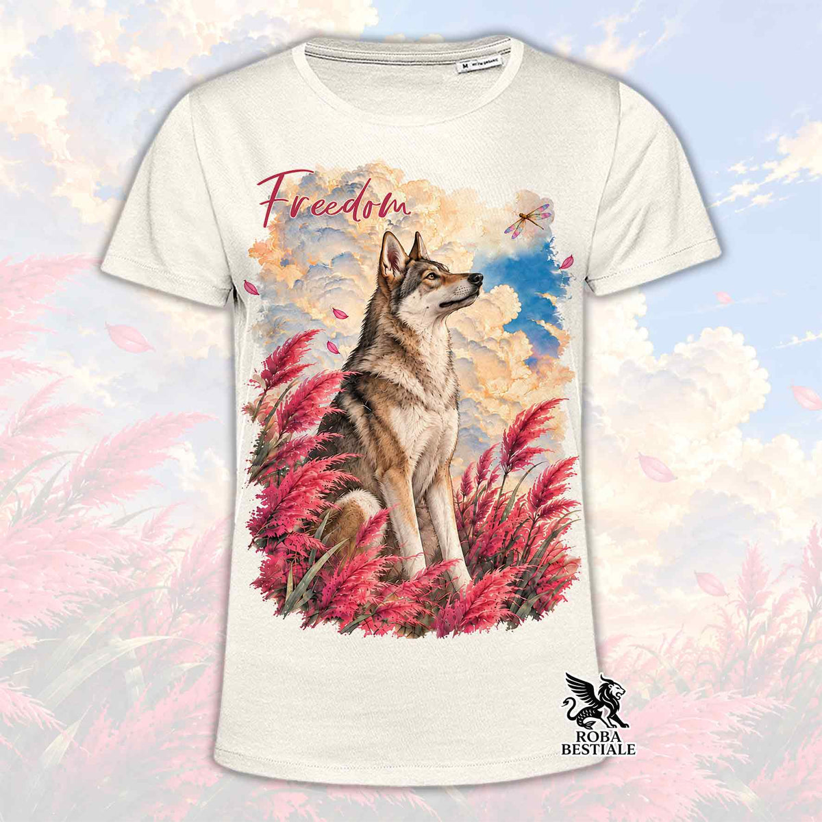 T-shirt bianca maniche corte, stampa cane e farfalla colorata tra piume rosse e azzurre