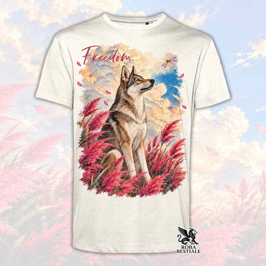 T-shirt bianca girocollo con stampa cane in mezzo a piume rosa e blu, logo in basso