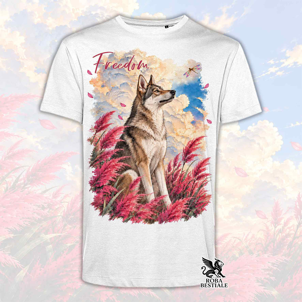 T-shirt bianca con girocollo e maniche corte, stampa cane con scritta Freedom e piume