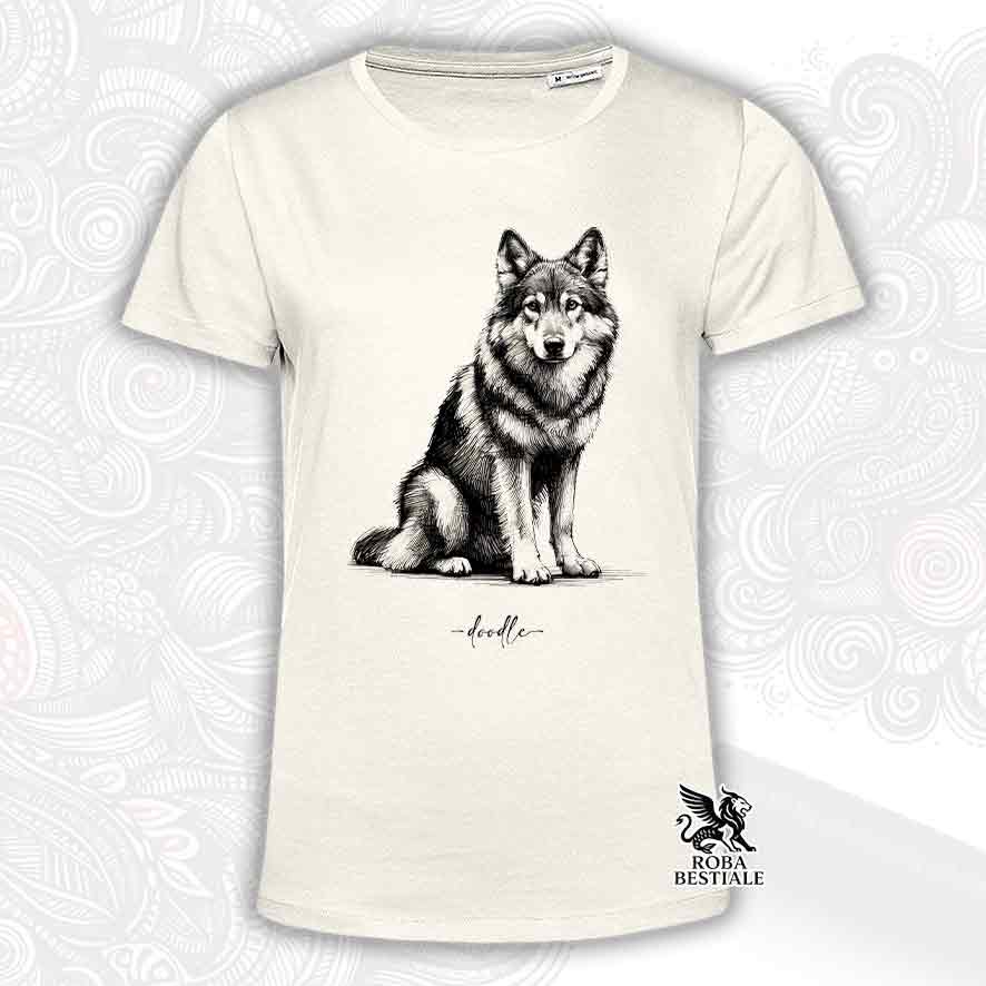 T-shirt beige stampata con un Cane Lupo Cecoslovacco, grafica Doodle