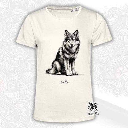 T-shirt beige stampata con un Cane Lupo Cecoslovacco, grafica Doodle