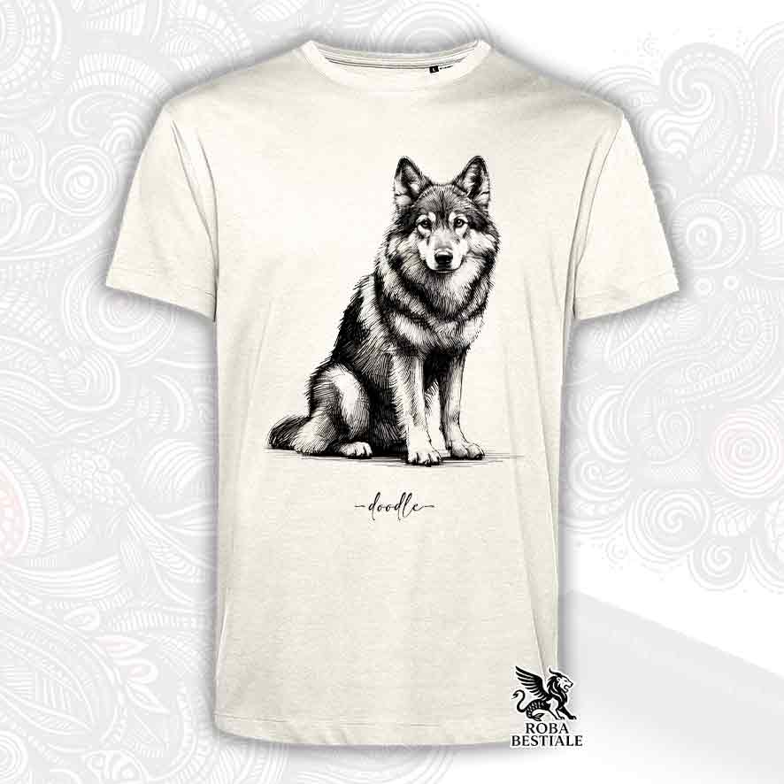 T-shirt beige stampata con un Cane Lupo Cecoslovacco, grafica Doodle