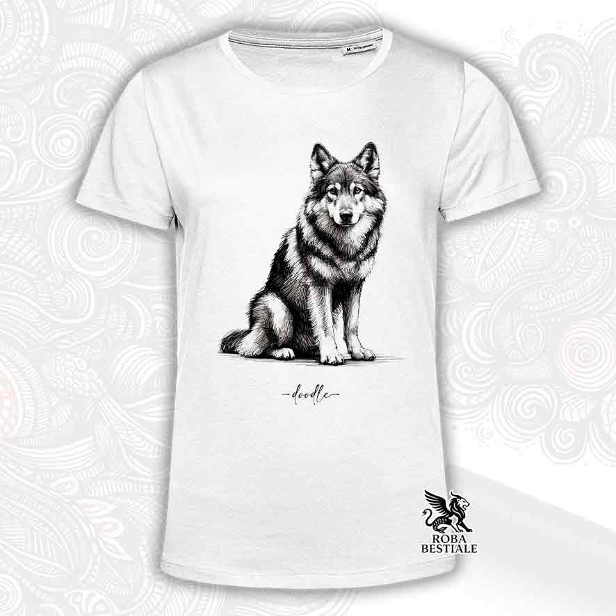 T-shirt bianca stampata con un Cane Lupo Cecoslovacco, grafica Doodle
