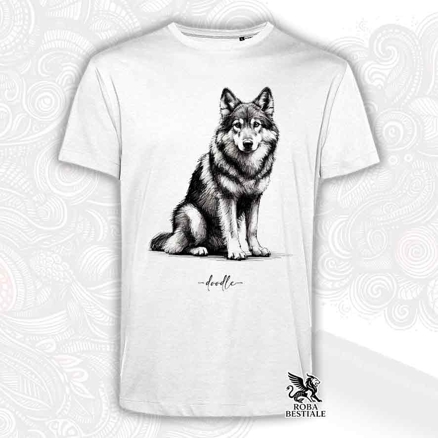 T-shirt bianca stampata con un Cane Lupo Cecoslovacco, grafica Doodle