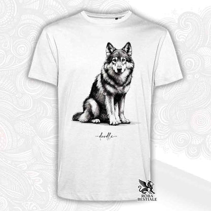 T-shirt bianca stampata con un Cane Lupo Cecoslovacco, grafica Doodle