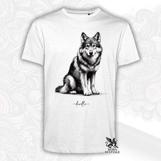 T-shirt bianca stampata con un Cane Lupo Cecoslovacco, grafica Doodle