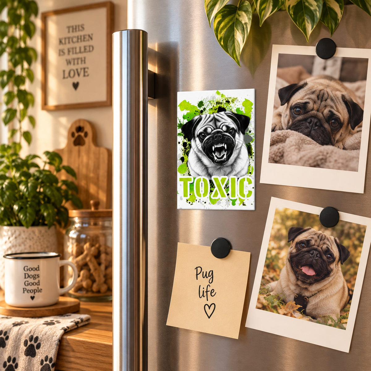 Calamita in MDF con la stampa di un Carlino. Idea regalo per amanti dei cani, da Roba Bestiale