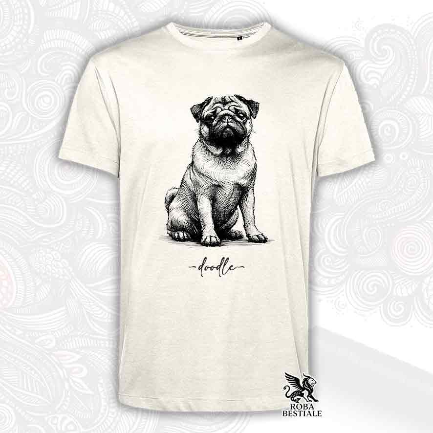 T-shirt beige stampata con un Carlino, grafica Doodle