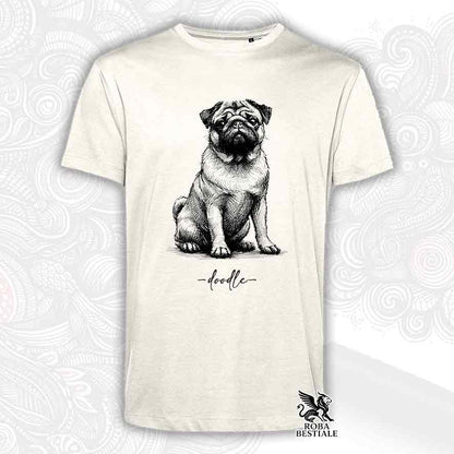 T-shirt beige stampata con un Carlino, grafica Doodle