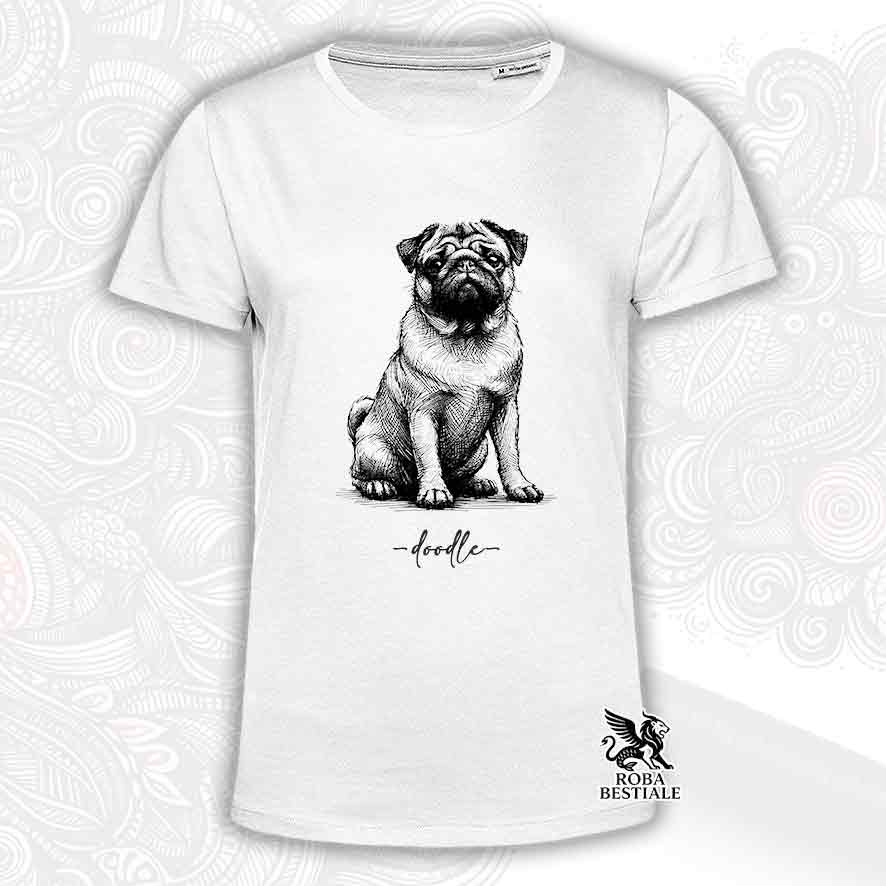 T-shirt bianca stampata con un Carlino, grafica Doodle