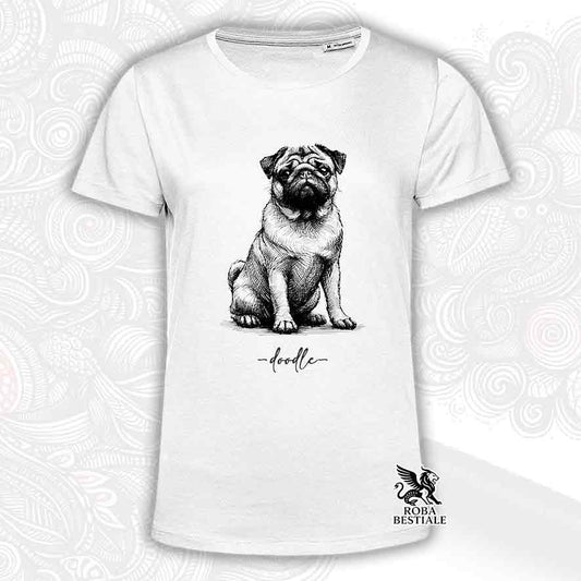 T-shirt bianca stampata con un Carlino, grafica Doodle