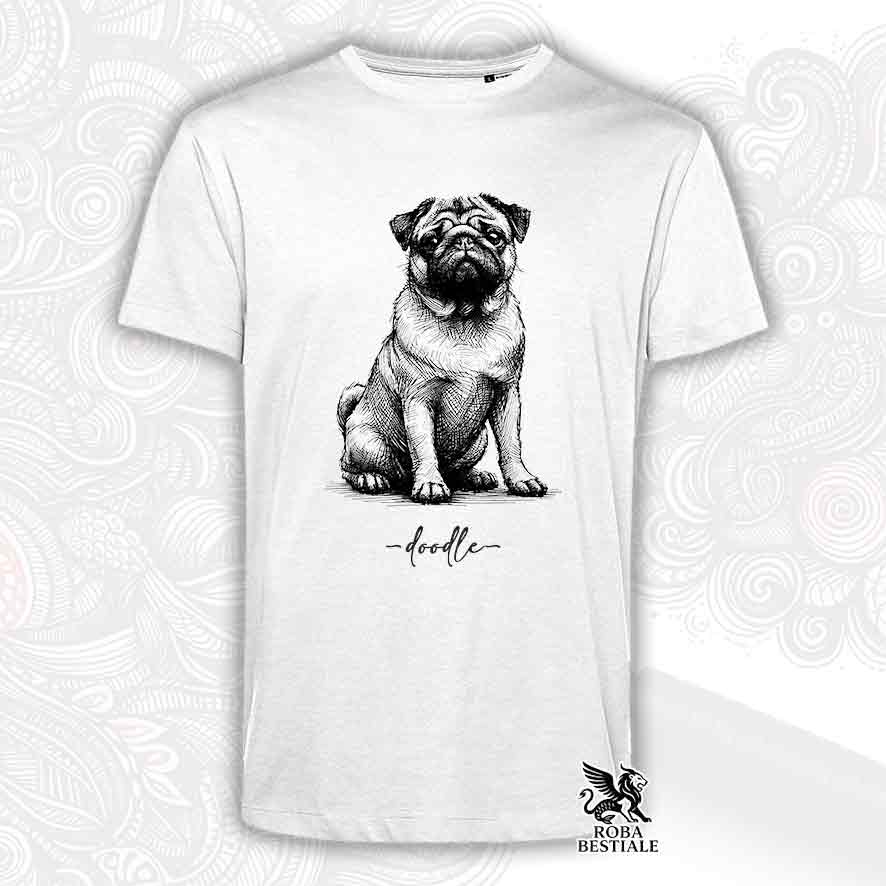 T-shirt bianca stampata con un Carlino, grafica Doodle