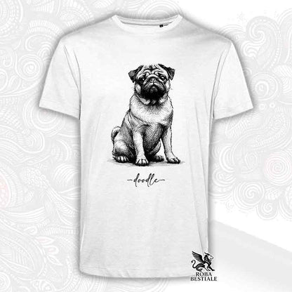 T-shirt bianca stampata con un Carlino, grafica Doodle