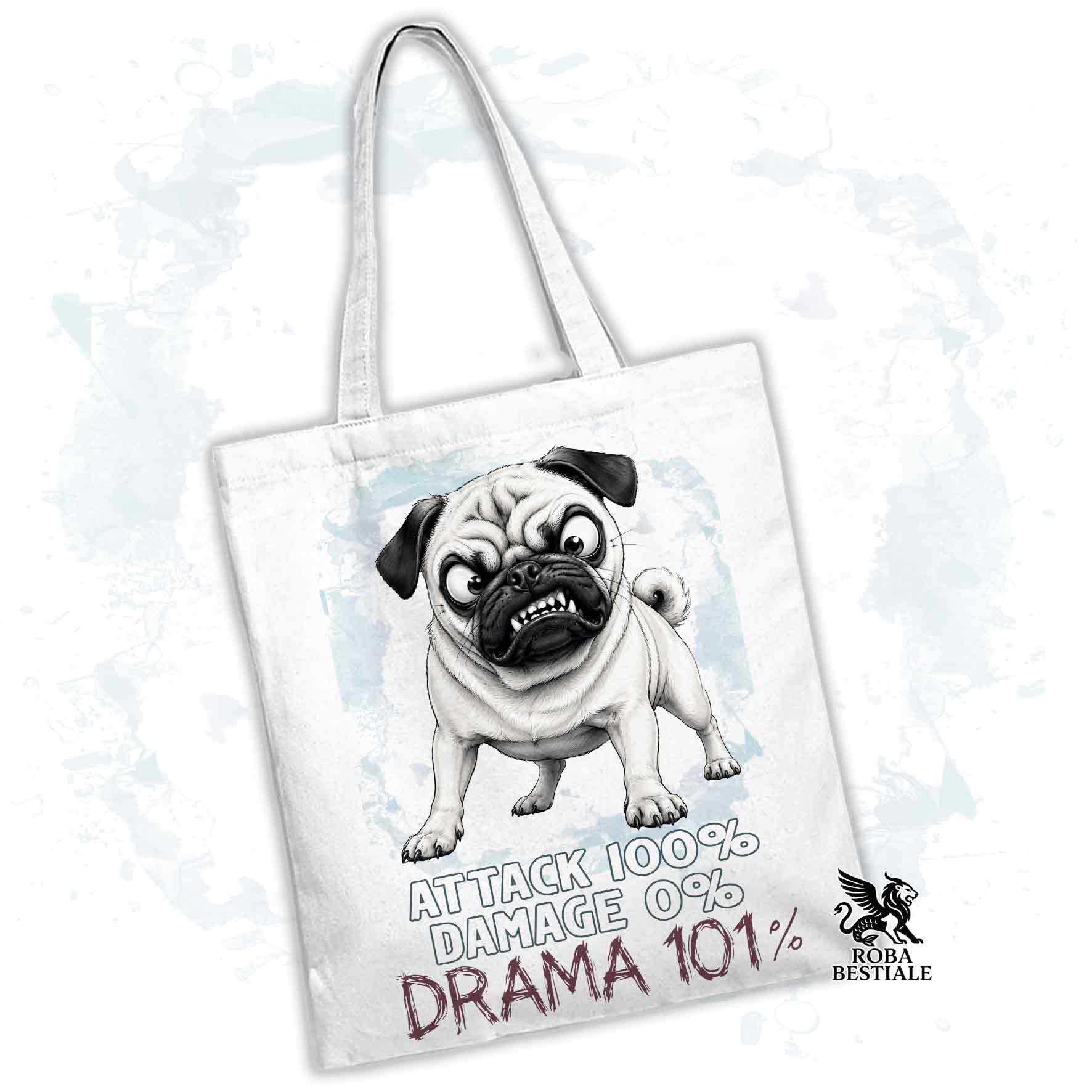 Borsa Tote bianca con stampata un Carlino, grafica Drama 101 originale di Roba Bestiale 