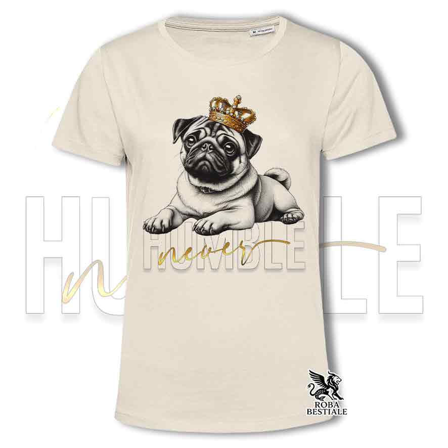 T-shirt stampata con un Carlino, colore beige con grafica Never Humble