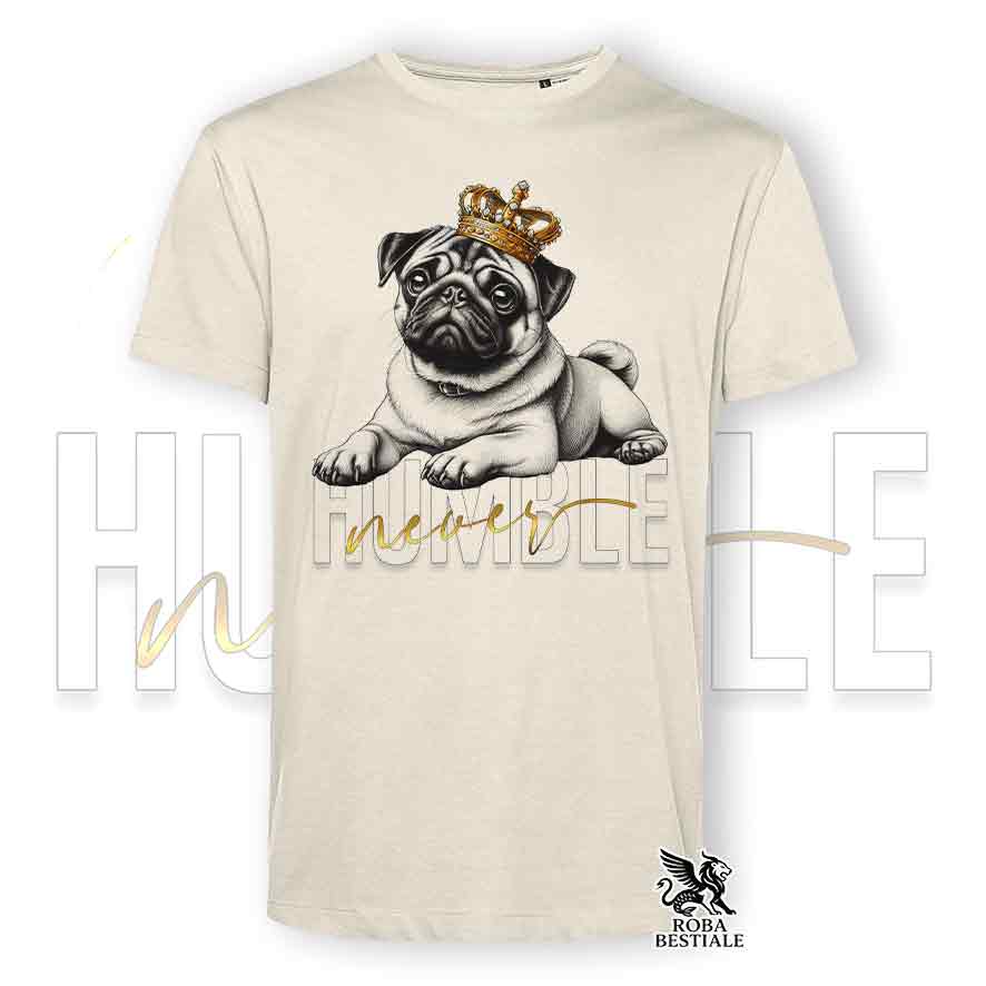 T-shirt stampata con un Carlino, colore beige con grafica Never Humble