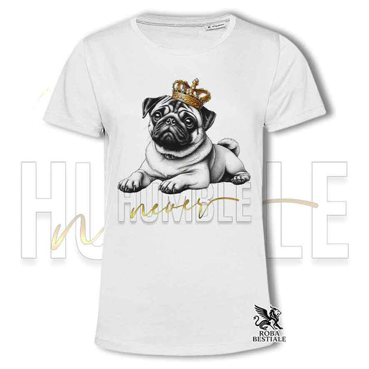 T-shirt stampata con un Carlino, colore bianco con grafica Never Humble