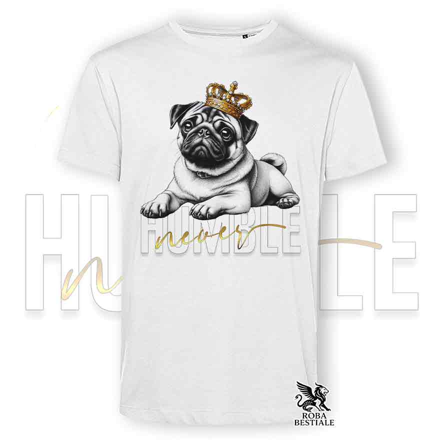T-shirt stampata con un Carlino, colore bianco con grafica Never Humble