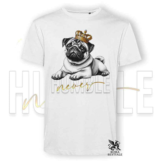 T-shirt stampata con un Carlino, colore bianco con grafica Never Humble