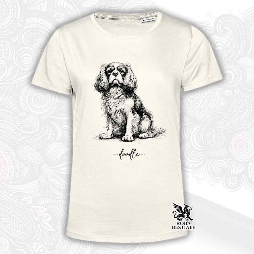 T-shirt beige stampata con un Cavalier King Charles Spaniel, grafica Doodle